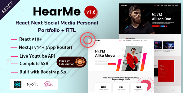 HearMe – React Nextjs 14+ Social Media Personal Portfolio Template