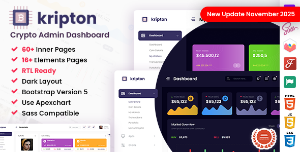 Kripton – Crypto HTML, React, Angular & Laravel Admin Dashboard Template + RTL Ready