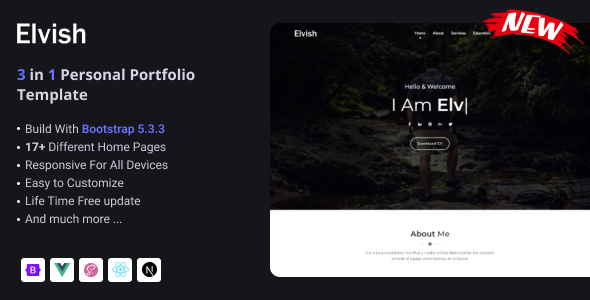 Elvish – HTML, NextJS & Vue 3 Personal Portfolio Template
