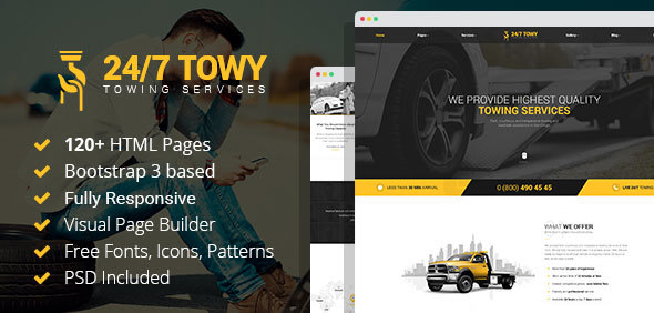 Towy – Emergency Auto Towing and Roadside Assistance Service HTML Template with Builder