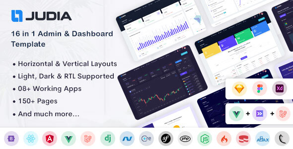 Judia – Bootstrap, React, Angular, Vuejs, Laravel, Django, ASP.Net Core, MVC5 Admin Dashboard Theme