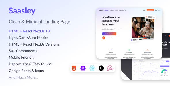 Saasley  –  HTML & React NextJs Bootstrap5 Landing Page Template
